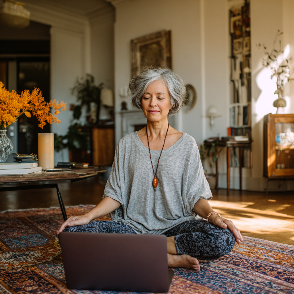 Жінка 52 років практикує йогу вдома перед ноутбуком під час онлайн заняття