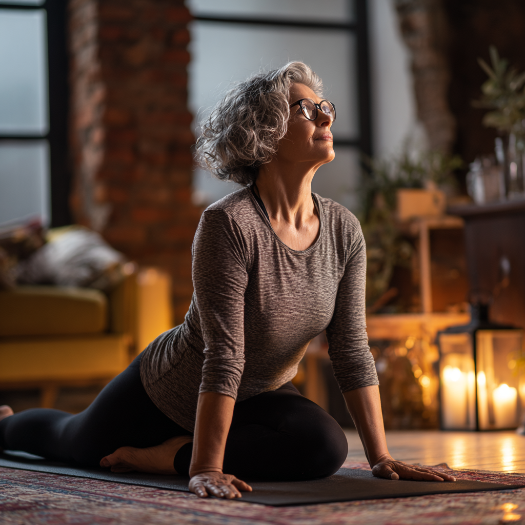 Жінка 55 років виконує базові асани йоги на килимку в затишному залі