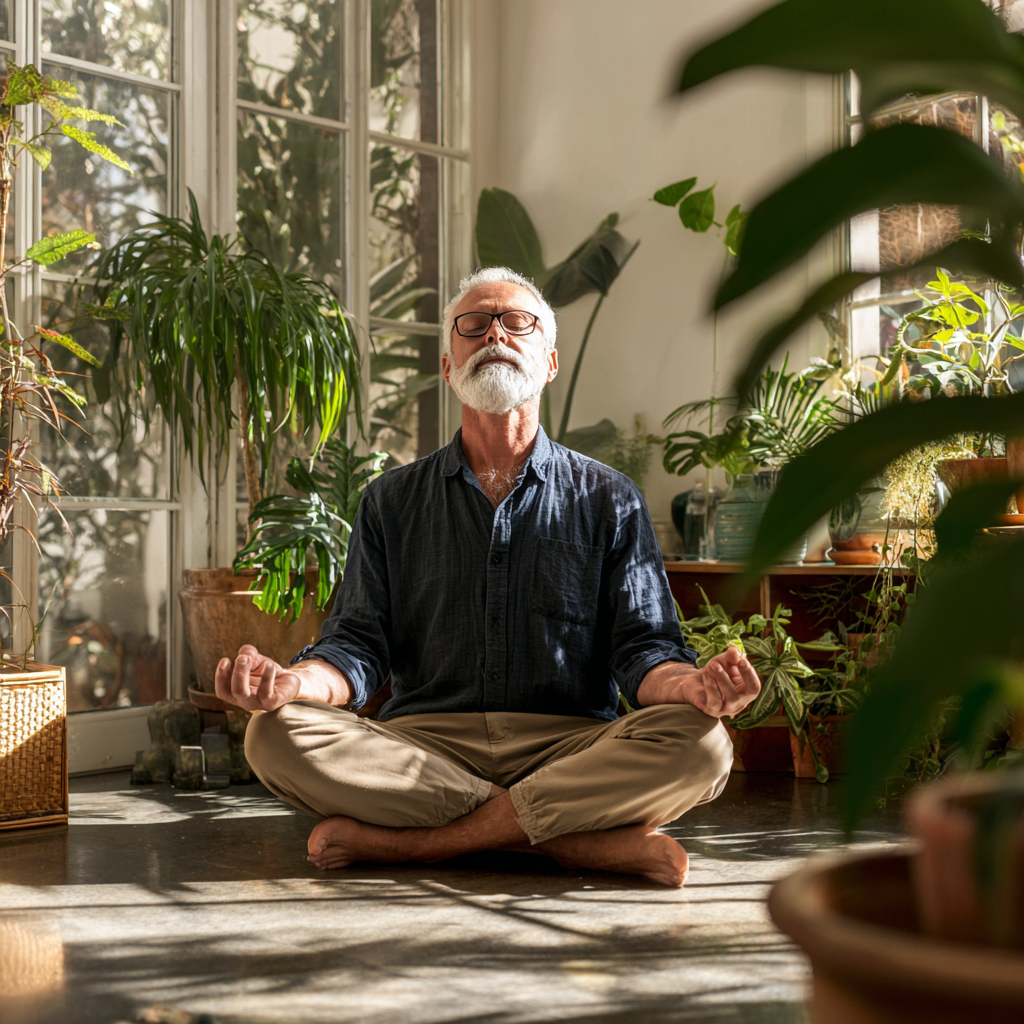 Чоловік 58 років медитує у позі лотоса в світлому залі з рослинами